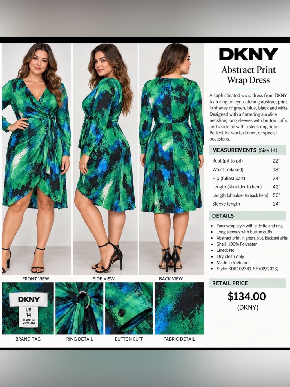 DKNY Green and Blue Abstract Faux Wrap Dress, Size 14